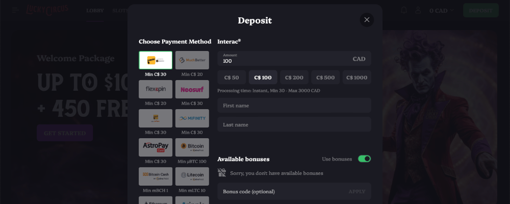 Lucky Circus Casino Deposit Money
